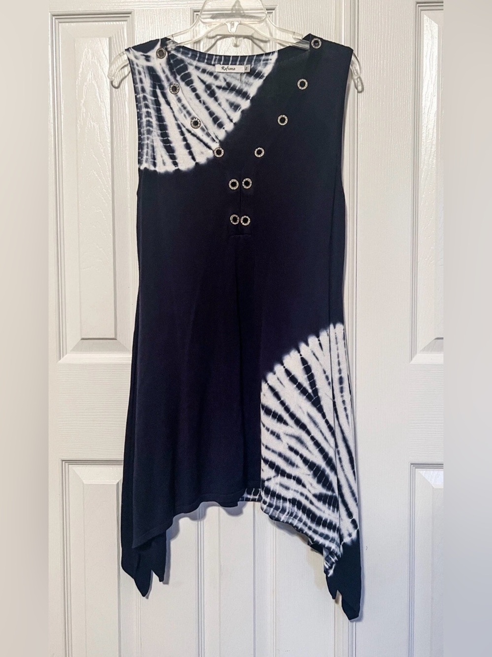 Rafiana Blue White Tie Dye Sleeveless  Tunic Top Blouse Large